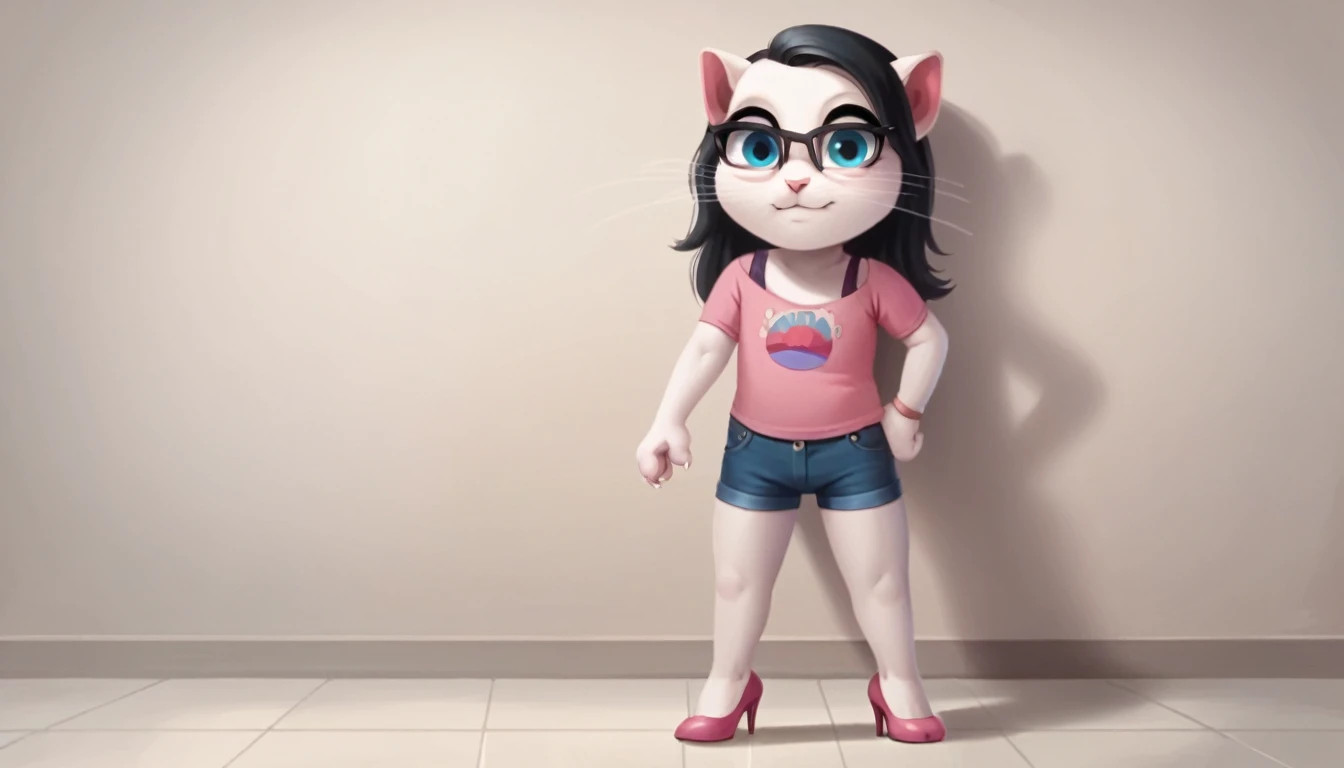 solo focus, a_la, 1girl, cat, white fur, long whiskers on both sides of her face, black hair, with black glasses, big bright blue eyes, big black eyelashes, pink nose, triangular ears with pink channels, high heels. The short jeans were ripped all the way down. Score_9, Score_8_up, Score_7_