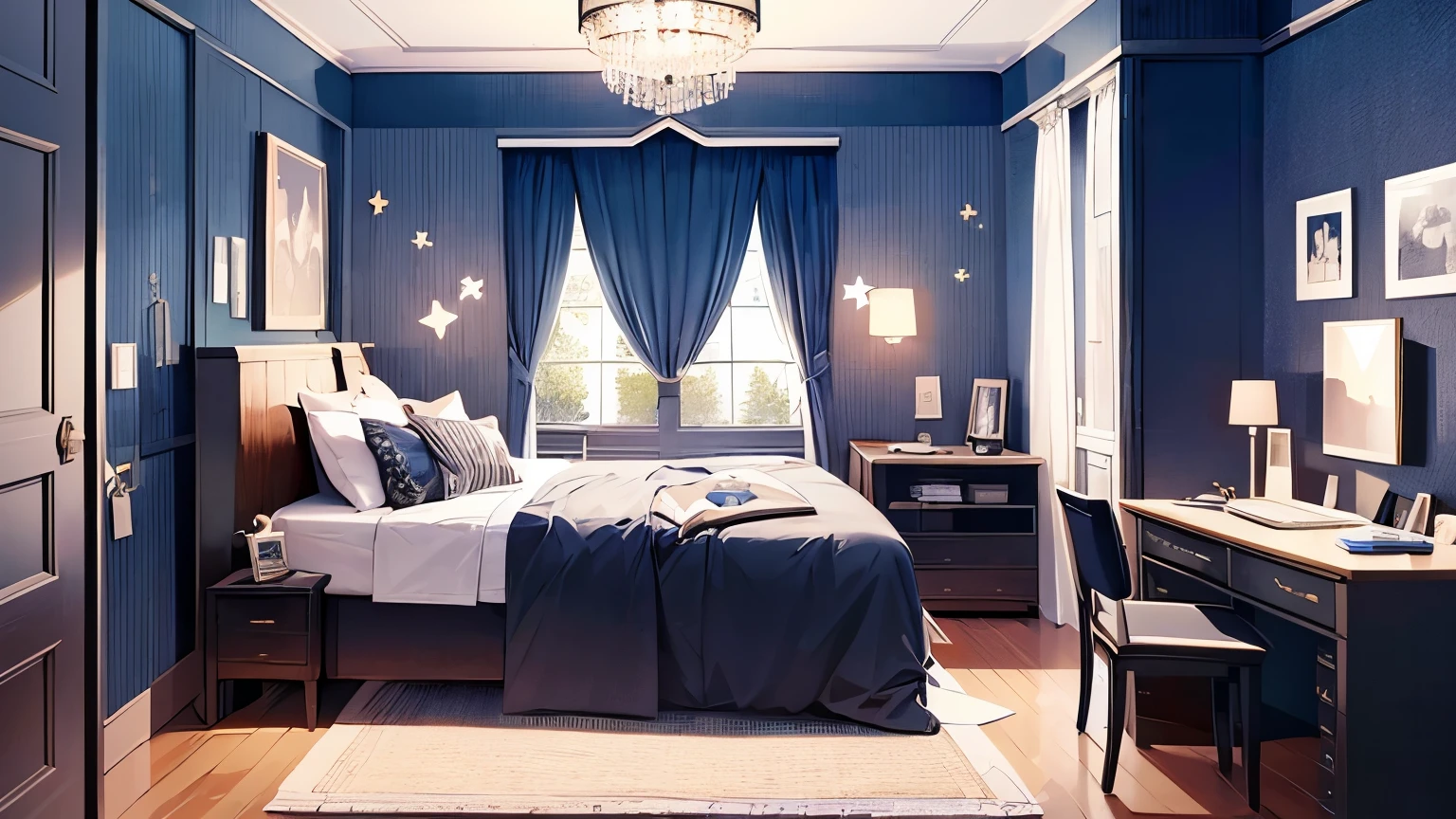 a dark masculine bedroom with a Soccer themed lamp, desk with laptop and football trophies, detailed interior, 
high contras, bedsheets with Soccer patterns, 
window with starry Night view, soccer ball, Soccer posters on the wall
detailed Soccer memorabilia, Front angle of the bed room