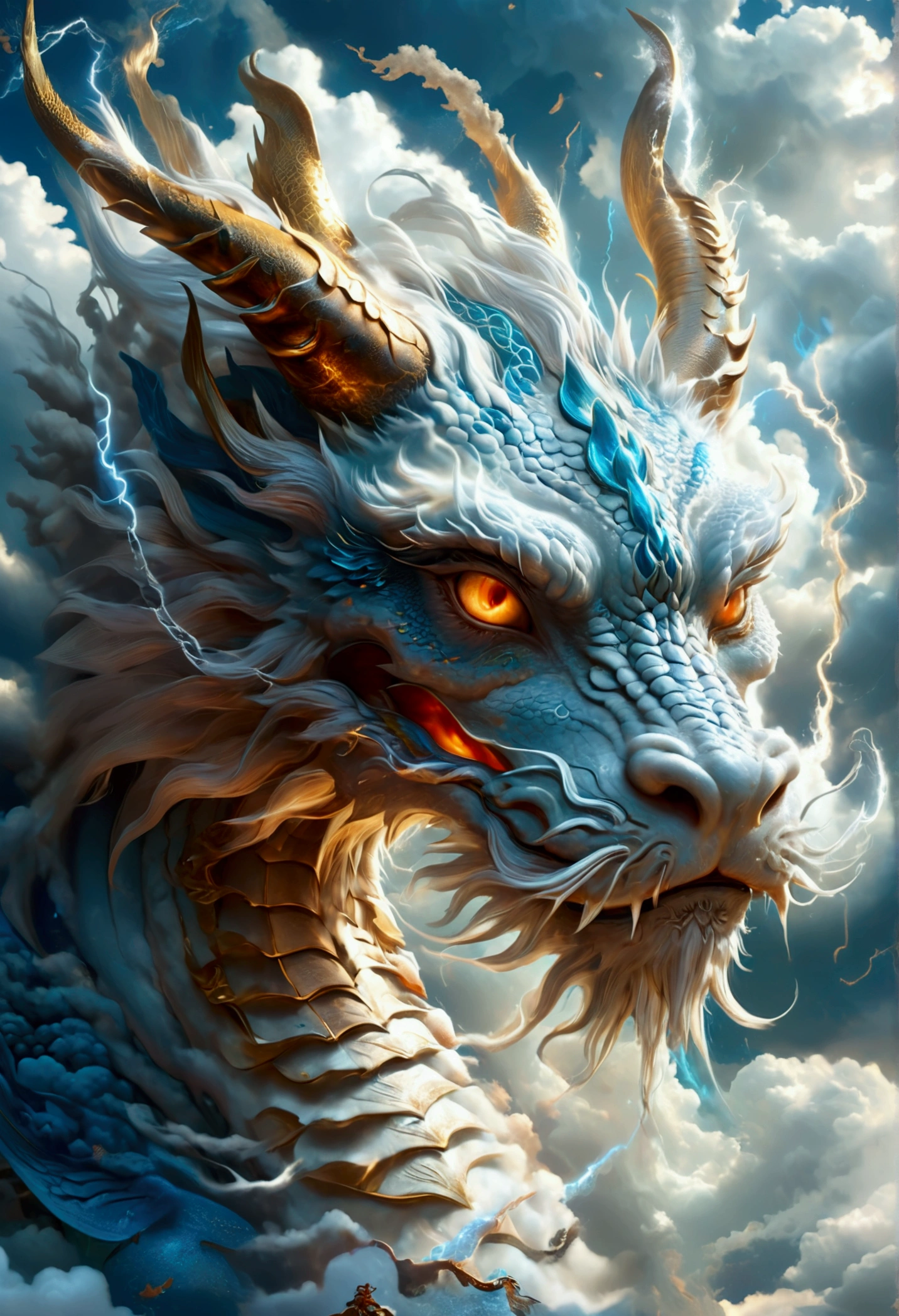 Chinese style,Chinese Mythology,Chinese dragon,Horns on the head,Eyes glow,Clouds,Heaven,Dragon in the sky,lightning,Winding and twisting,Shrouded in clouds,Vision , highly detailed surreal vfx,oc rendering
