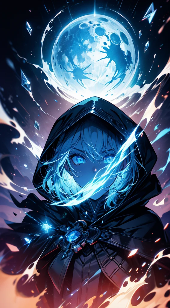 (masterpiece), best quality, expressive eyes, perfect face, looking at viewers, a hooded witcher in the florest,moon backlight, 1man, ((close up front view)), blue eyes, black hair, hair between eyes, handsome, cool, night BREAK badass, cinematic, night, epic, fantasy,dirty, trees, fog, hood, belt,leather clothing, black coat BREAK magic, spectral, dynamic,blue spectral, witcher, high fantasy, ((villain, horror, scary, dark lord,)) BREAK he is wearing hood, a the image transmit a epic feeling, is a cinematic shot, is night,backlighting, BREAK (((solo, alone))),