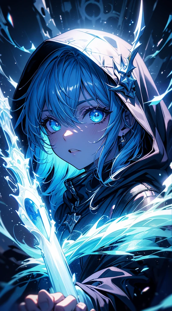 (masterpiece), best quality, expressive eyes, perfect face, looking at viewers, a hooded witcher in the florest,moon backlight, 1man, ((close up front view)), blue eyes, black hair, hair between eyes, handsome, cool, night BREAK badass, cinematic, night, epic, fantasy,dirty, trees, fog, hood, belt,leather clothing, black coat BREAK magic, spectral, dynamic,blue spectral, witcher, high fantasy, ((villain, horror, scary, dark lord,)) BREAK he is wearing hood, a the image transmit a epic feeling, is a cinematic shot, is night,backlighting, BREAK (((solo, alone))),