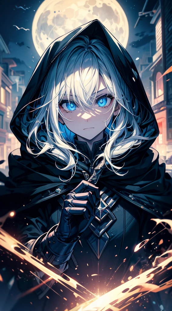 (masterpiece), best quality, expressive eyes, perfect face, looking at viewers, a hooded witcher in the florest,moon backlight, 1man, ((close up front view)), blue eyes, black hair, hair between eyes, handsome, cool, night BREAK badass, cinematic, night, epic, fantasy,dirty, trees, fog, hood, belt,leather clothing, black coat BREAK magic, spectral, dynamic,blue spectral, witcher, high fantasy, ((villain, horror, scary, dark lord,)) BREAK he is wearing hood, a the image transmit a epic feeling, is a cinematic shot, is night,backlighting, BREAK (((solo, alone))),