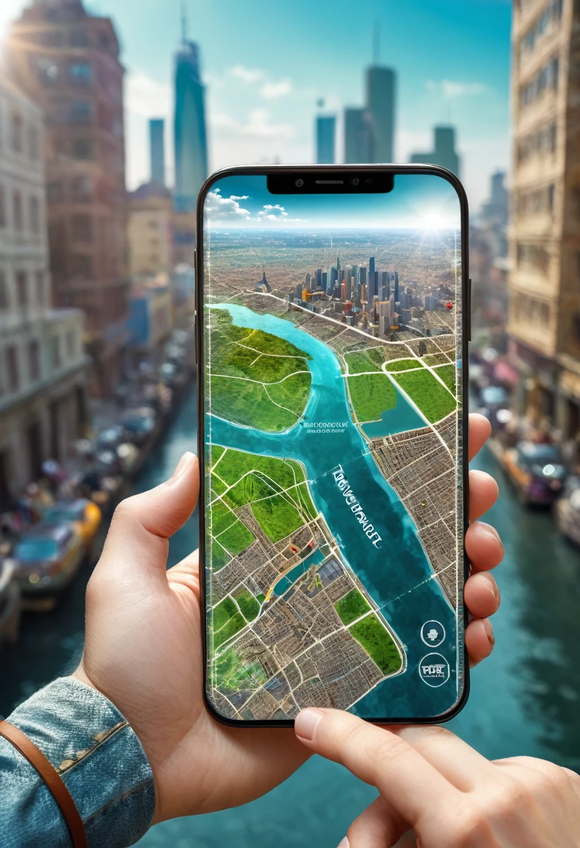 It's very realistic, with a smartphone in your hand and a map displayed on the smartphone screen, In the depths of the image are signs of a fantastic cityscape that has no sense of reality., outdoor