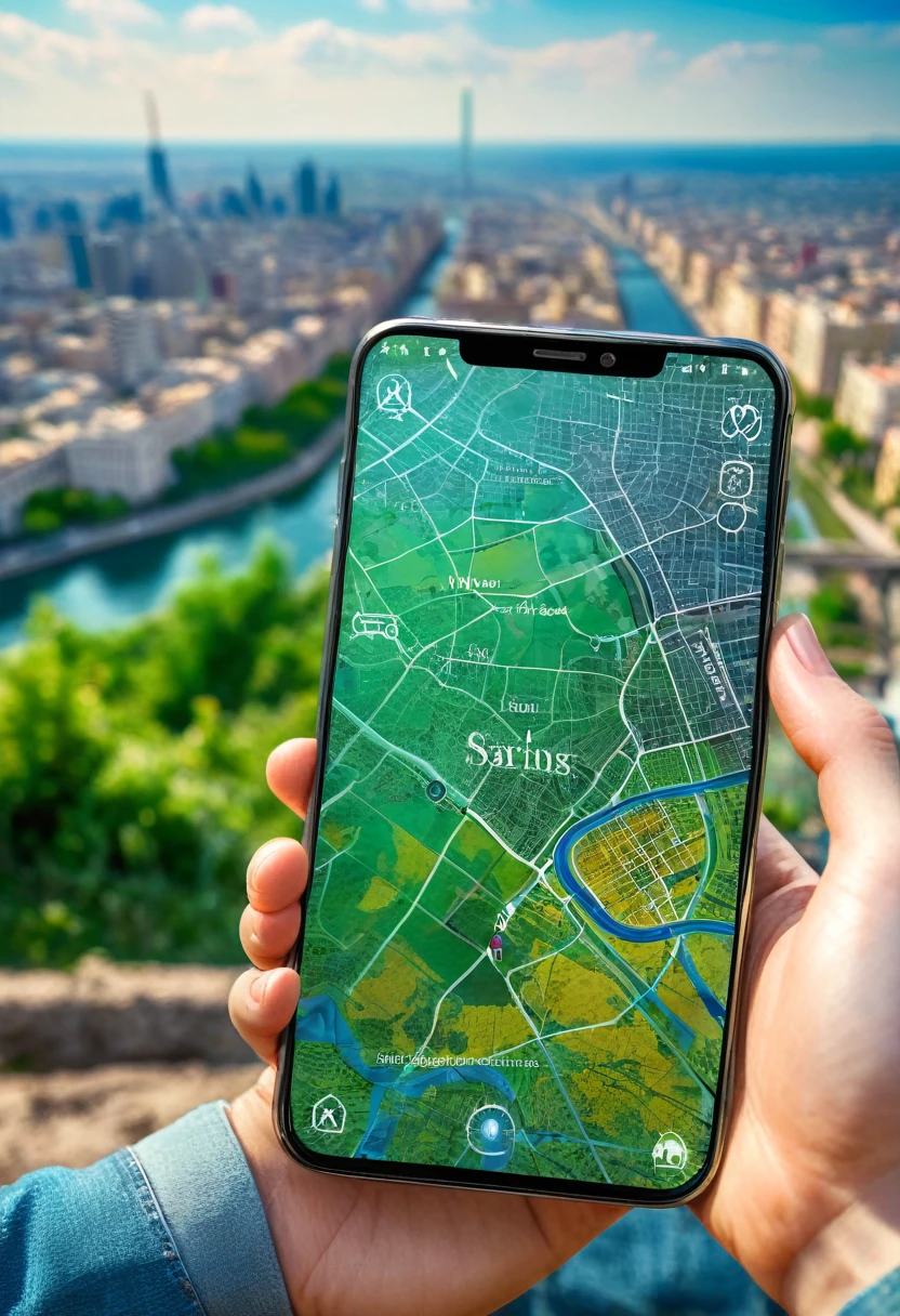 It's very realistic, with a smartphone in your hand and a map displayed on the smartphone screen, In the depths of the image are signs of a fantastic cityscape that has no sense of reality., outdoor