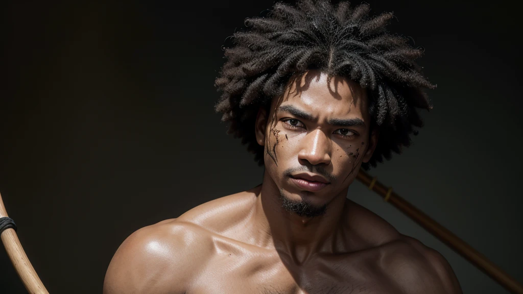 bust of black man with afro hair, some scars on the face, Expression of vengeance, holding a berimbau. emphasizing the berimbau