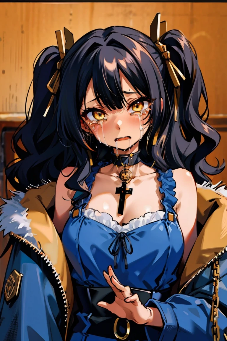 (masterpiece:1.2), (high quality:1.2), (hui xiyi:0.7)rekkyo sensen, rekkyou sensen, girls with((black hair, bangs, (one side up, long wavy hair:1.55), hand up, waving is hands, perfect hands, perfect fingers, exposed breasts, tits cleavage, breasts close up, dress((suspenders, dress, collar, collarbone, belts, blue clothes, frills shirt, black underwear and silver choker, rosary, cross, hoodies, jacket, fur, fur jacket, fur hoodie, zipper, bare shoulders, long sleeves, straps, handcuffs, chain, ribbon:1.2)), upper body)), background with((bedding, futon, jail, prison:1.45))