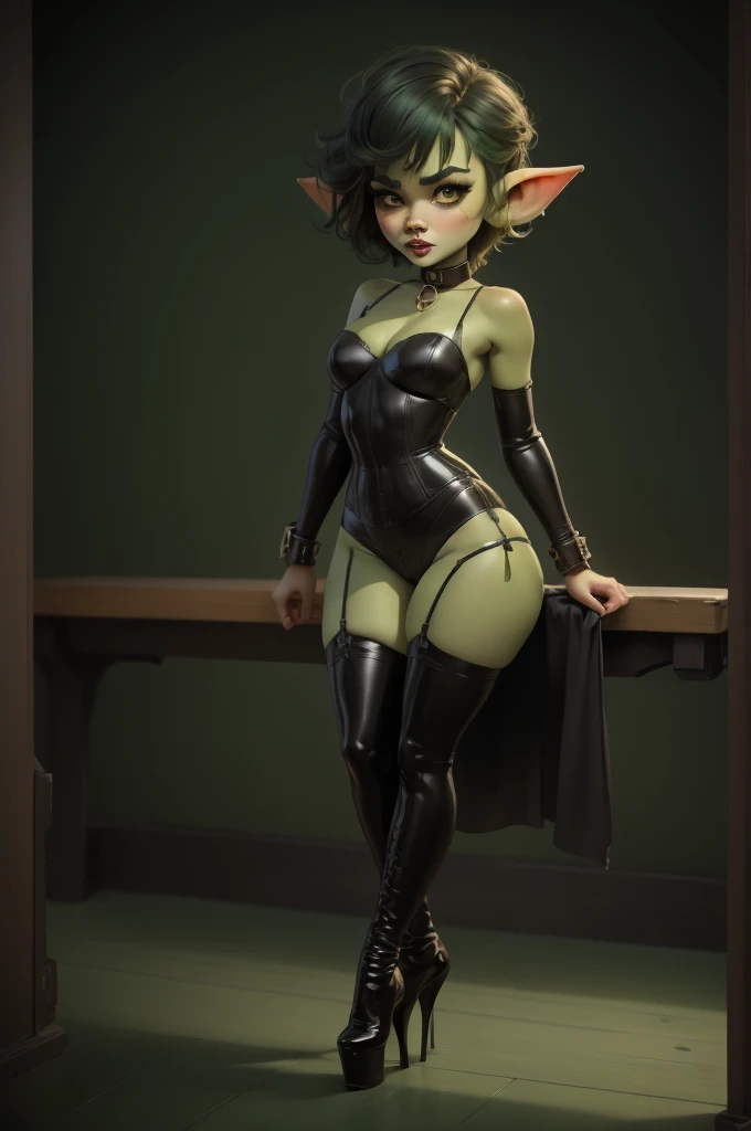 Goblin girl. green skin. very short hairstyle. choker. black pouty lips. big , hourglass figure, goth, eyeshadow, eyeliner, thigh high boots, high heels, 