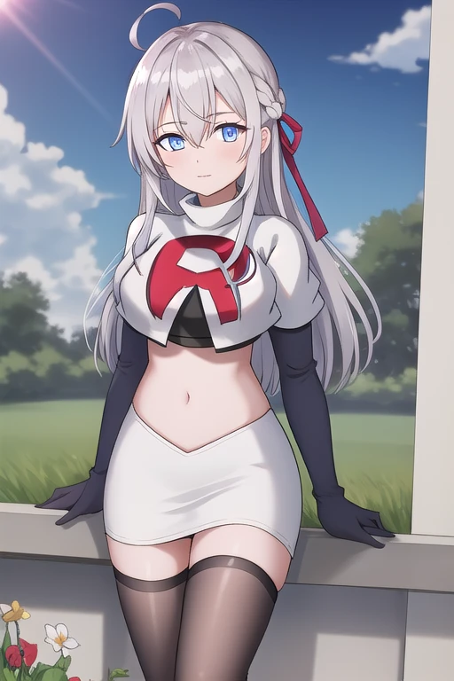 alisa,1girl,solo,long_hair,looking_at_viewer,bangs,blue_eyes,hair_between_eyes,hair_ribbon,ahoge,grey_hair,team rocket,team rocket uniform,white skirt,red letter R,crop top,black thigh-highs,black elbow gloves,flower_field