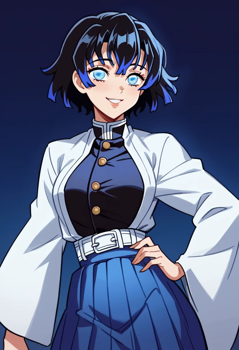 Draw a character in animated art style, with a vibrant and expressive appearance. The character must have exaggerated characteristics, like big, expressive eyes, a subtle and fun smile, and a straight posture. do not distract from the main figure. The character must be from the Kimetsu no Yaiba universe/Demon Slayer, frontal angle, animated cartoon, beautiful drawing. A female character, light blue gradient black hair, blue colored eyes, wearing a pretty dark colored skirt, haori azul, pose more at the waist, short layered hair, dark night background, night and moonlight, night image, night filter.