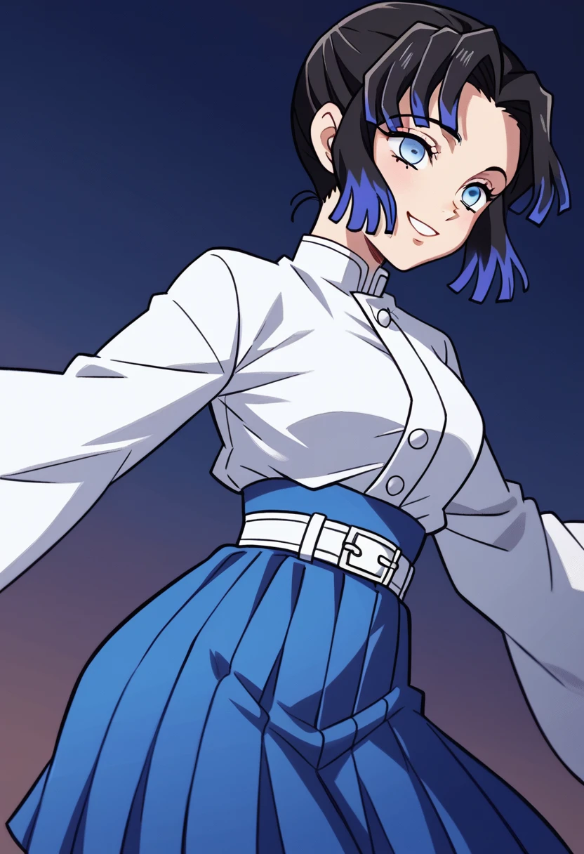Draw a character in animated art style, with a vibrant and expressive appearance. The character must have exaggerated characteristics, like big, expressive eyes, a subtle and fun smile, and a straight posture. do not distract from the main figure. The character must be from the Kimetsu no Yaiba universe/Demon Slayer, frontal angle, animated cartoon, beautiful drawing. A female character, light blue gradient black hair, blue colored eyes, wearing a pretty dark colored skirt, haori azul, pose more at the waist, short layered hair, dark night background, night and moonlight, night image, night filter.