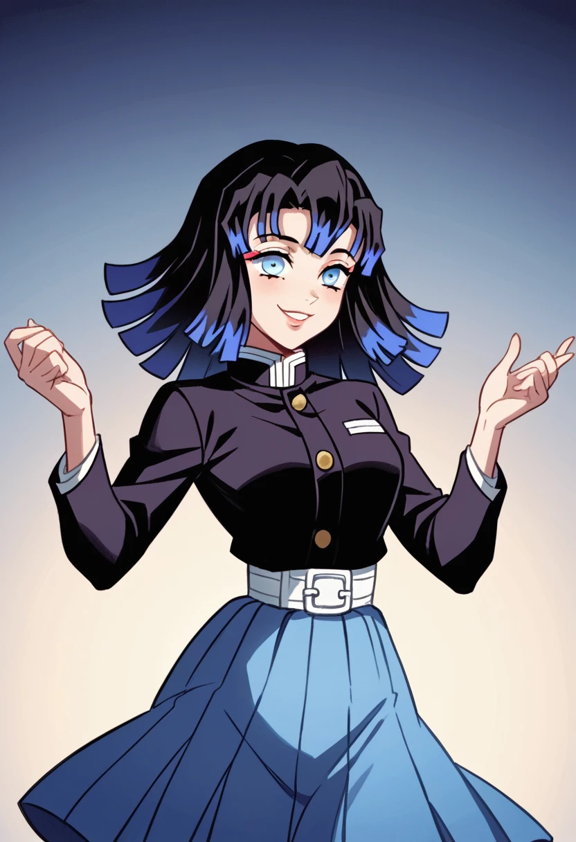 Draw a character in animated art style, with a vibrant and expressive appearance. The character must have exaggerated characteristics, like big, expressive eyes, a subtle and fun smile, and a straight posture. do not distract from the main figure. The character must be from the Kimetsu no Yaiba universe/Demon Slayer, frontal angle, animated cartoon, beautiful drawing. A female character, light blue gradient black hair, blue colored eyes, wearing a pretty dark colored skirt, haori azul, pose more at the waist, short layered hair, dark night background, night and moonlight, night image, night filter.