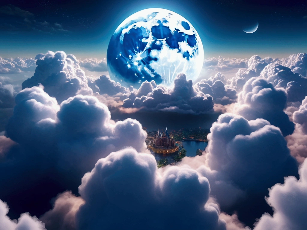 Auspicious clouds, (NOhumans)Behind the huge moon, Abstract imagery, ultra-realistic realism, Pixar style, 3d effect, (Disney style:1.2), Clear edge light, rim-light, fantasy, spotlight, 8K,looking from above, the space, afloat, --v 6