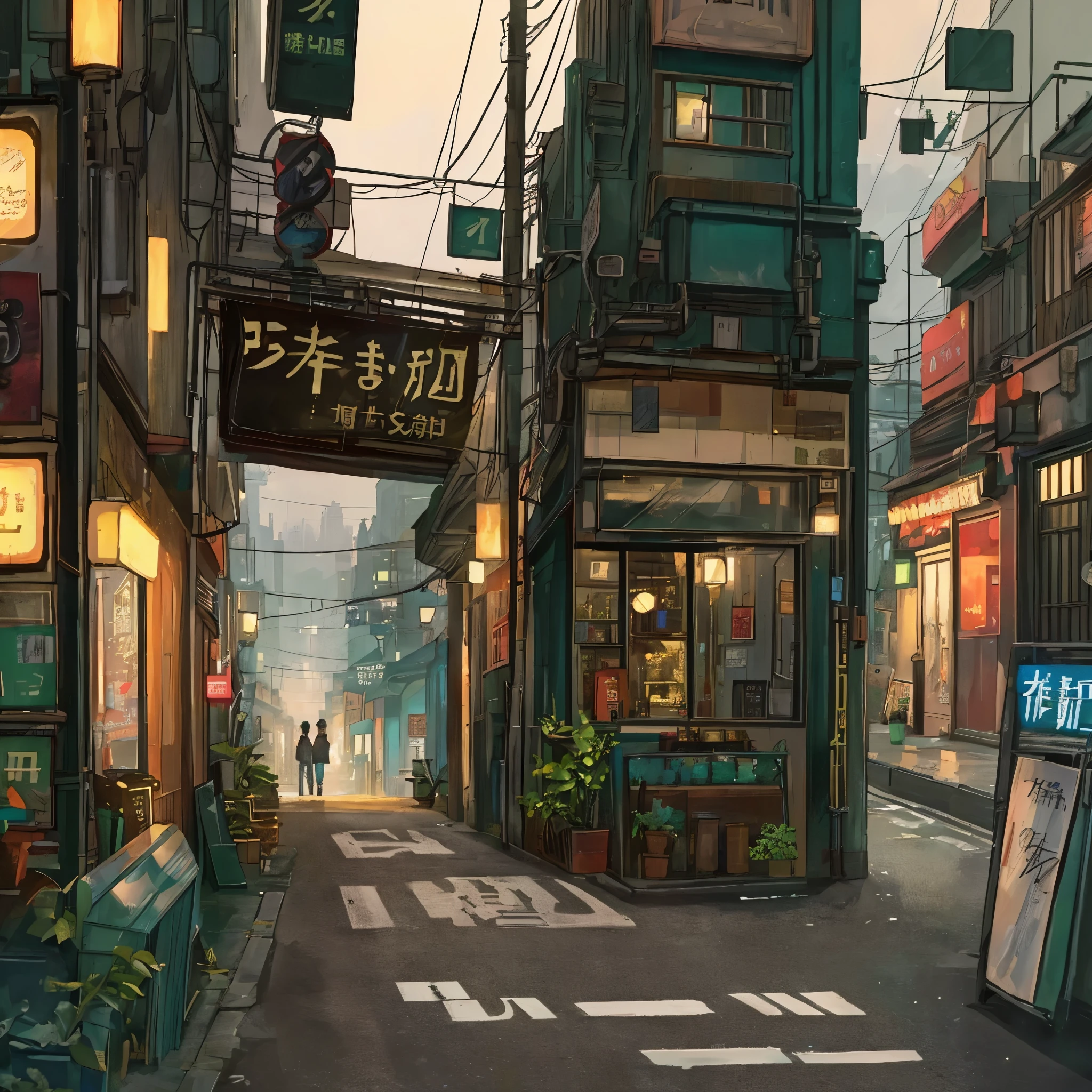 (masterpiece、Highest quality、Highest quality、Official Art、Beautiful and aesthetic:1.2)、Near future、Blade runner、Slum Street、Late at night、Lo-fi Hip Hop、Cafe with small lights、Residential Street、silence、It's raining a little、人いない景色アニメ background, アニメ wallpaper, アニメ, アニメ style, praise, praise style, Modern Japanese streets, Mountain々, Uphill, Modern Japanese architecture, Japanese Convenience Stores, big retro japanese Store sign, Retro Japanese shop, wood, plant, rock, Wood flower pot, Store sign, Japanese Banner, Japanese Signs, flag, sunrise, Golden Hour, Golden lighting, Empty Streets, no one in sight, (no one: 1), Highest quality