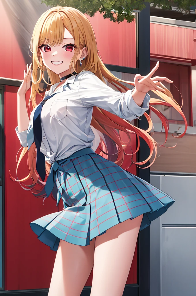 masterpiece, Highest quality, High resolution, Kitagawa Marine, One girl, Blonde, Long Hair, Multicolored Hair, Red eyes, jewelry, Earrings, Earrings, , White shirt, tie shirt, Black Choker, Blue tie, Checked skirt, mini skirt, Grin, smile, Are standing, Cowboy Shot, Outdoor, Put your hands behind your back