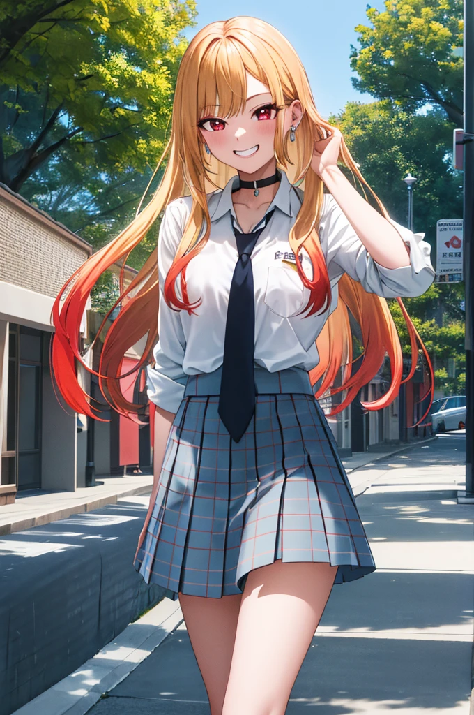masterpiece, Highest quality, High resolution, Kitagawa Marine, One girl, Blonde, Long Hair, Multicolored Hair, Red eyes, jewelry, Earrings, Earrings, , White shirt, tie shirt, Black Choker, Blue tie, Checked skirt, mini skirt, Grin, smile, Are standing, Cowboy Shot, Outdoor, Put your hands behind your back
