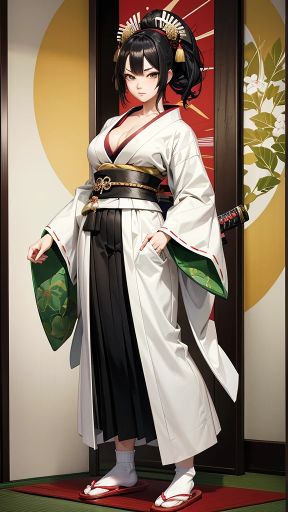 Black hair geisha hairstyle adult women,White green leaf pattern kimono,Chest,cleavage,White socks,slippers,Japanese samurai sword,Standing,Japanese shogunate era streets