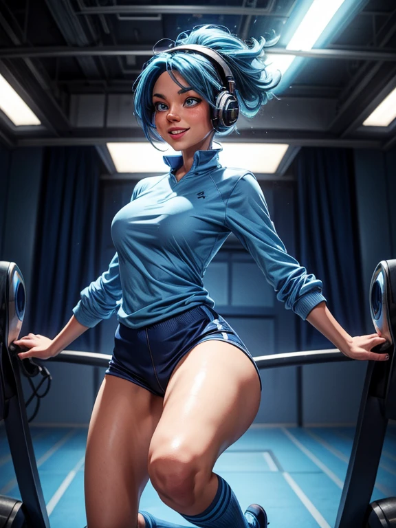 a woman with blue hair, fair skin, blue eyes, wearing a blue long-sleeved shirt, blue headphones, ankle socks, strong legs. expression of joy, happiness, dynamic pose.