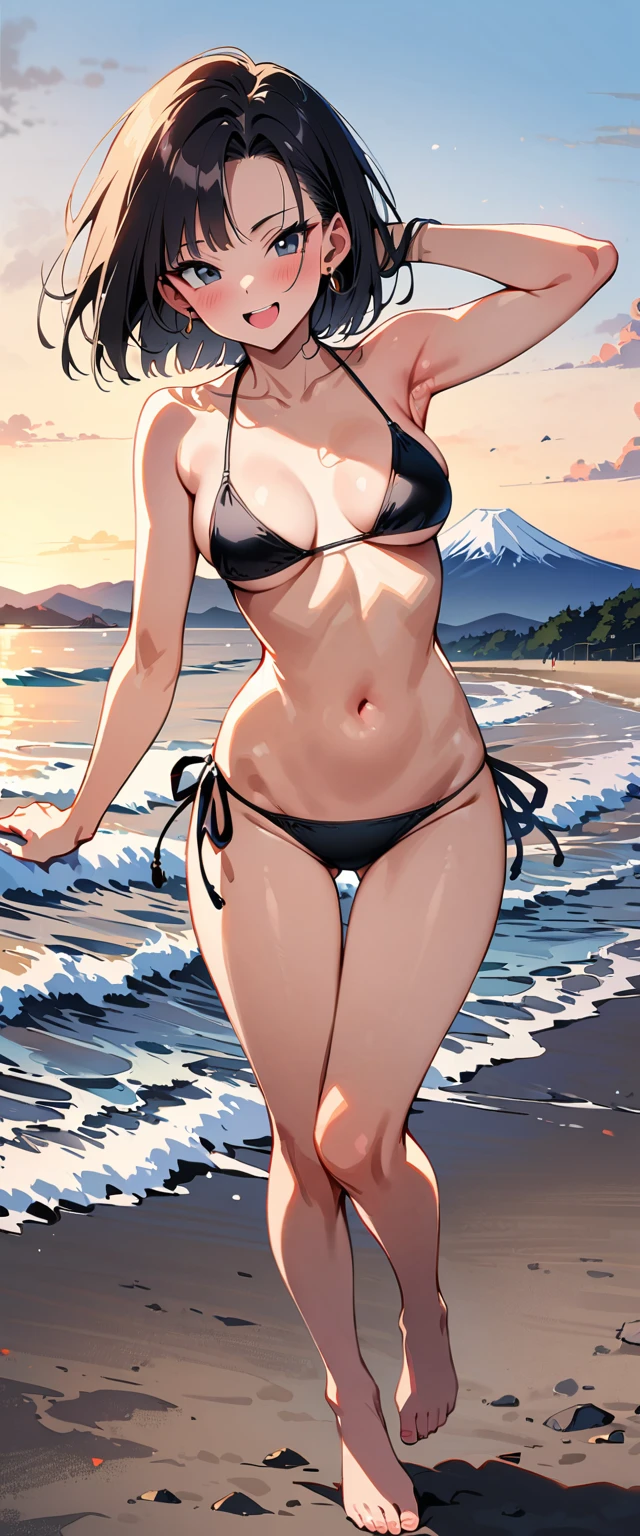 (masterpiece, best quality:1.2),1girl, (solo), Android 18 from Dragon Ball, ((string bikini, black bikini, side-tie bikini bottom, thigh gap)), jump, medium breasts, blunt bangs, black short hair, (black eyes), earrings on earlobes, slim, slender feminine figure, skinny body, blush, sky, magnificent view, blur background, 4K, open mouth, beach, smile, (Sandy Beach), beautiful butt, side boob, full body, barefoot, beautiful armpit, Mt.Fuji