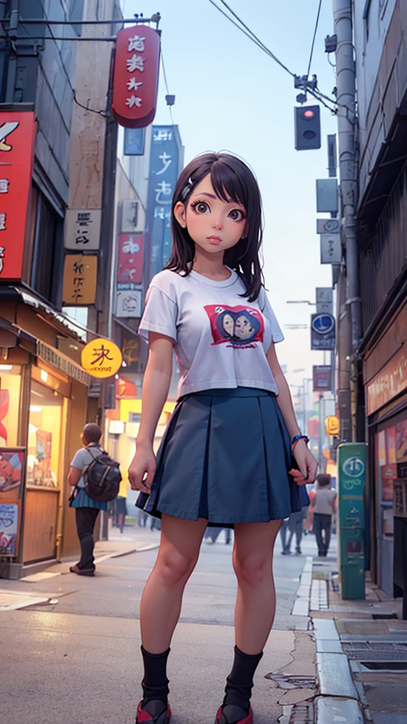 (8k, photo and gross, Masterpiece:1.3), (realist, photo-realist:1.37), (evening), (looking at the viewer:1.331), (by white), posing, tokyo street, eveningcityscape, cyberpunk city, Luz outfit, 1 girl, extremely beautiful face, bust, lower your hands, Random hairStyle, Random expression, large eyes, lower abdomen, (short sleeve .JK_shirt), JK_Style, (JK dark blue_Skirt), (arco JK_atar), mix4., Best Quality