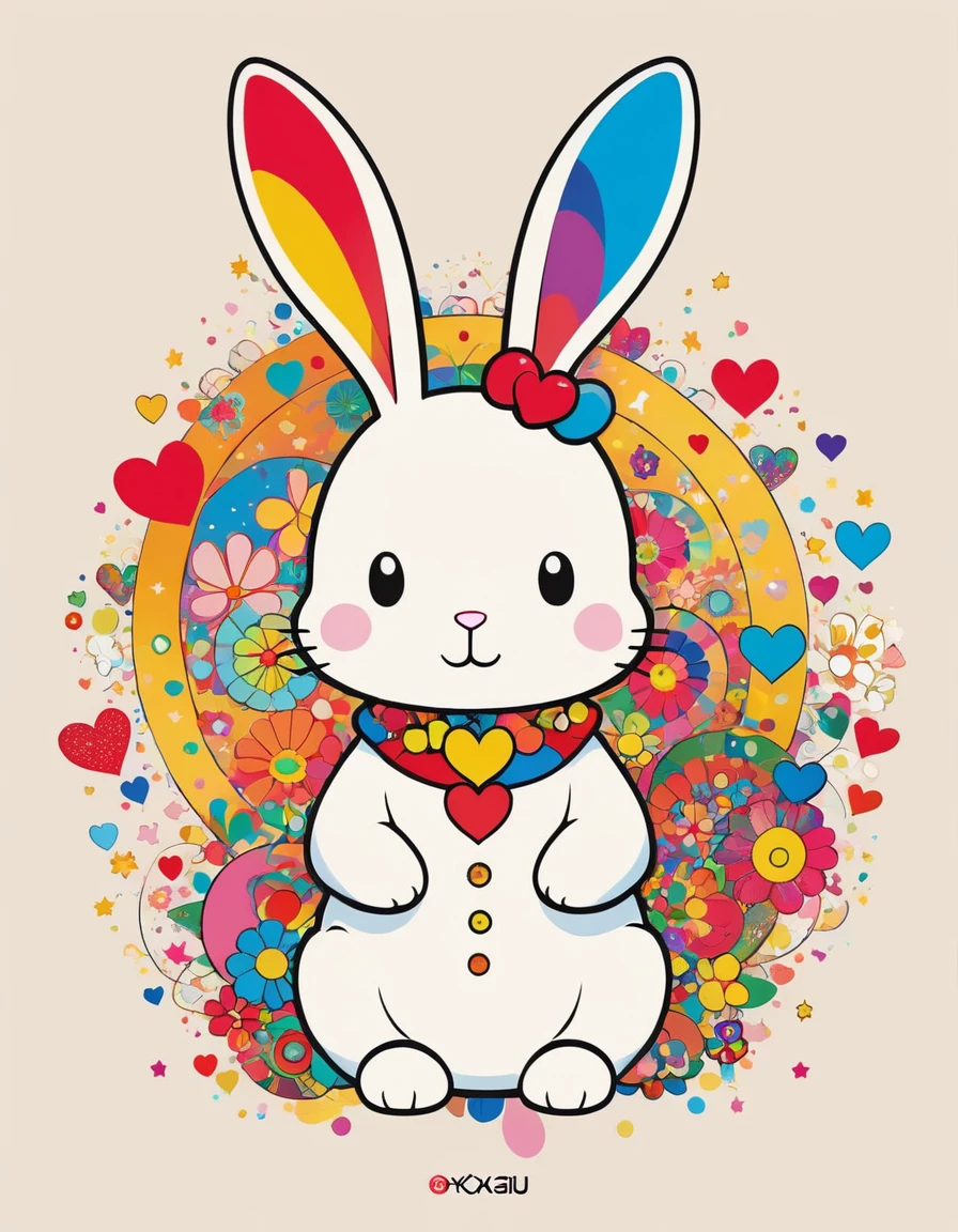 Gao Jiejie Golden Ratio Takashi Murakami style, Simple line initials,Abstract art,Kawaii Design, The most beautiful rabbit ever, stardust, Colorful Hearts logo