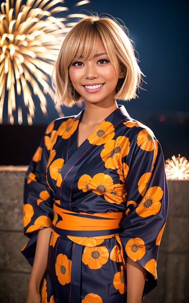 gyaru, dark-skinned, shiny oiled skin, blond hair, short cut hair, smiling, wearing japanese yukata, standing , dark-night, deep fog, orange rantan light, Fireworks Festival Venue, Fireworks in the background, cinematic lighting