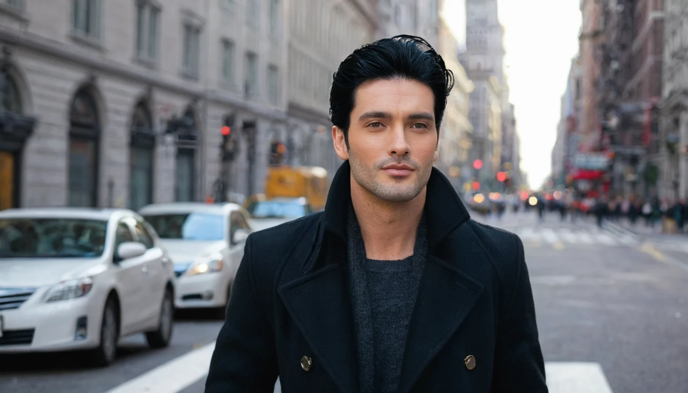 a handsome man with black hair in the city