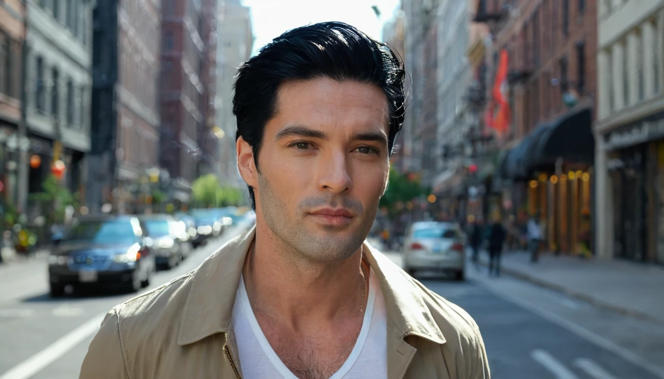 a handsome man with black hair in the city