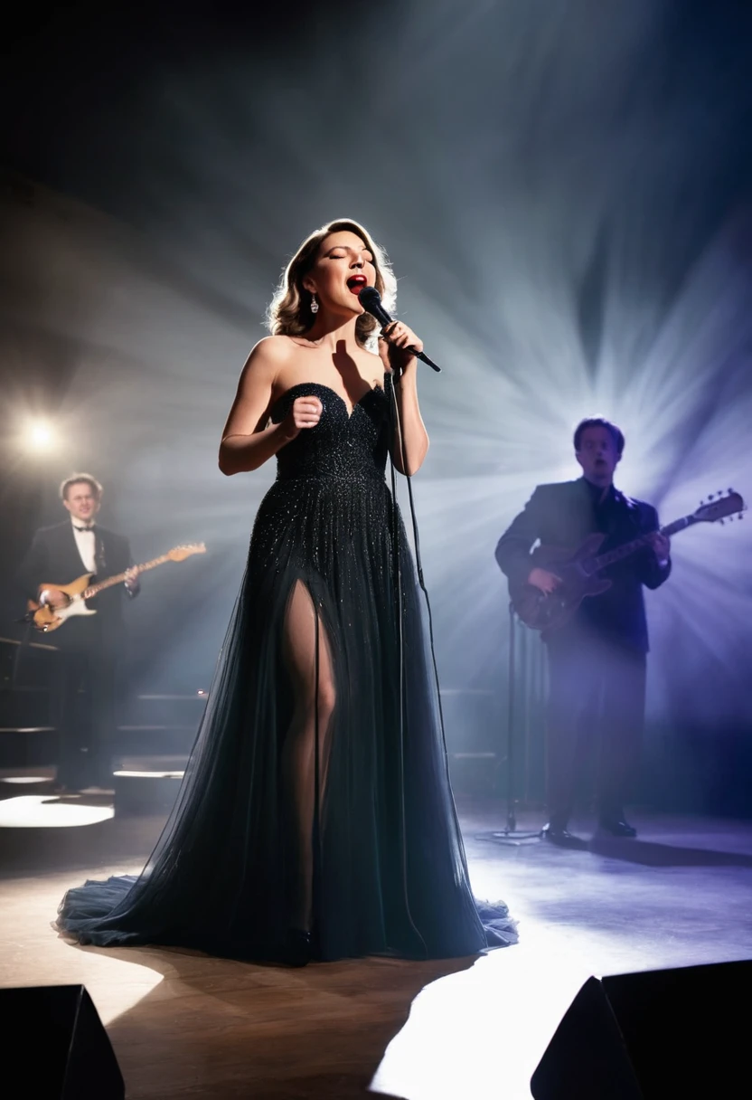 Create a realistic image of a singer on stage, prominently featured, wearing an elegant dress, singing passionately. Behind her, a musical group is in shadow, illuminated only slightly by stage lights. The stage is enveloped in a light mist, creating a magical and intimate atmosphere. Use dramatic lighting to highlight the singer and softly illuminate the band members.
