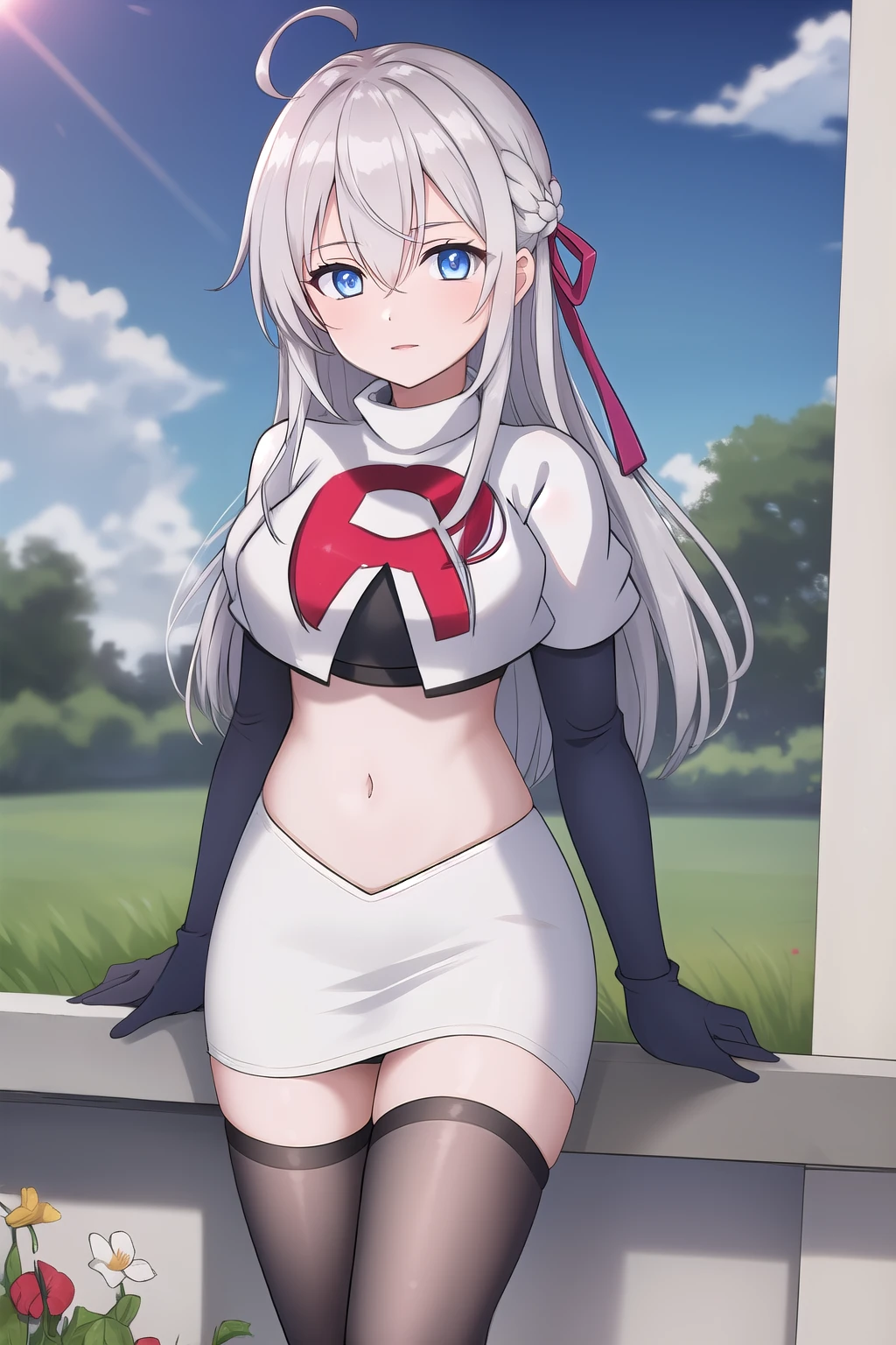 alisa,1girl,solo,long_hair,looking_at_viewer,bangs,blue_eyes,hair_between_eyes,hair_ribbon,ahoge,grey_hair,team rocket,team rocket uniform,white skirt,red letter R,crop top,black thigh-highs,black elbow gloves,flower_field