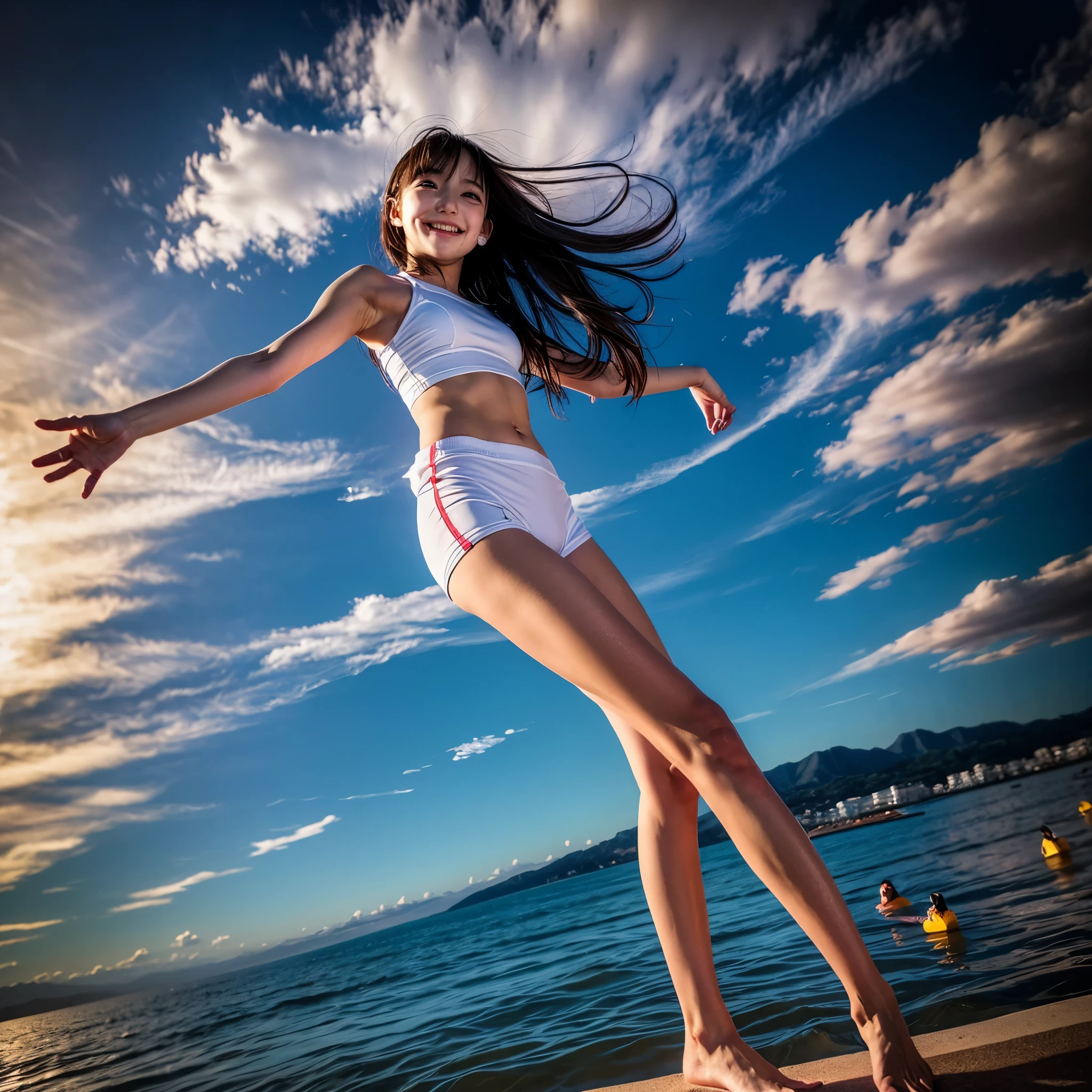 ((ExtremelyDetailed ( KAWAII Girl Floating:1.37) in WHITE at Dusk Enoshima Beach)), (masterpiece 8K TopQuality) (ProfessionalPhoto:1.37), {(Standing Full Body:1.2)|(from below:1.2)}, Different types of hair colors, {(White skinny(School Swimwear))|(SchoolUniform) with Tiny AthleticShorts}, {(Corrected Childish hand)|Hidden hand|Armpit|Different types of breasts|(Clearly Visible the shape of Butt)}, Joyful Expressions LifeLike Rendering, PerfectLighting, Dazzling Horizon {Colorful Clouds | Starry IridescentParticles} VolumetricLighting (Acutance:0.8)