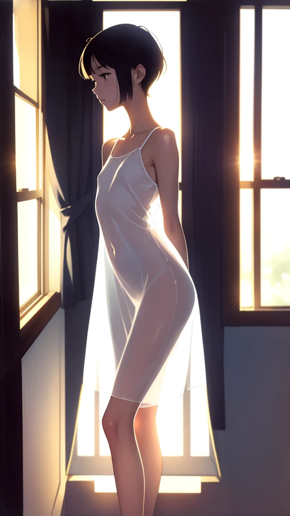 (masterpiece, Highest quality), One Girl,,Very short stature,Thin thighs,Flat Chest,slim, White short dress, Transparent Dress, See-through silhouette, Backlight, Backlight, Standing by the window, Bedroom, morning, sunlight, warm, Anime Minimalist, watercolor,hugging a big teddy bear,