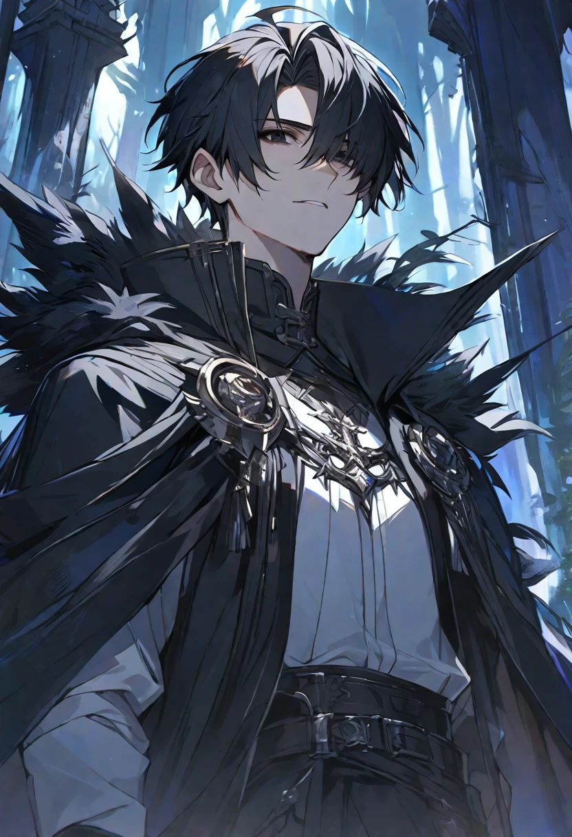 Draw a boy with an anthropomorphic husky dog。Hair must be black and only black and white can be used.。He has blue eyes but wears black and white clothes。Make him a cool, handsome man with long, narrow eyes。Age: 26。Mature feeling。
