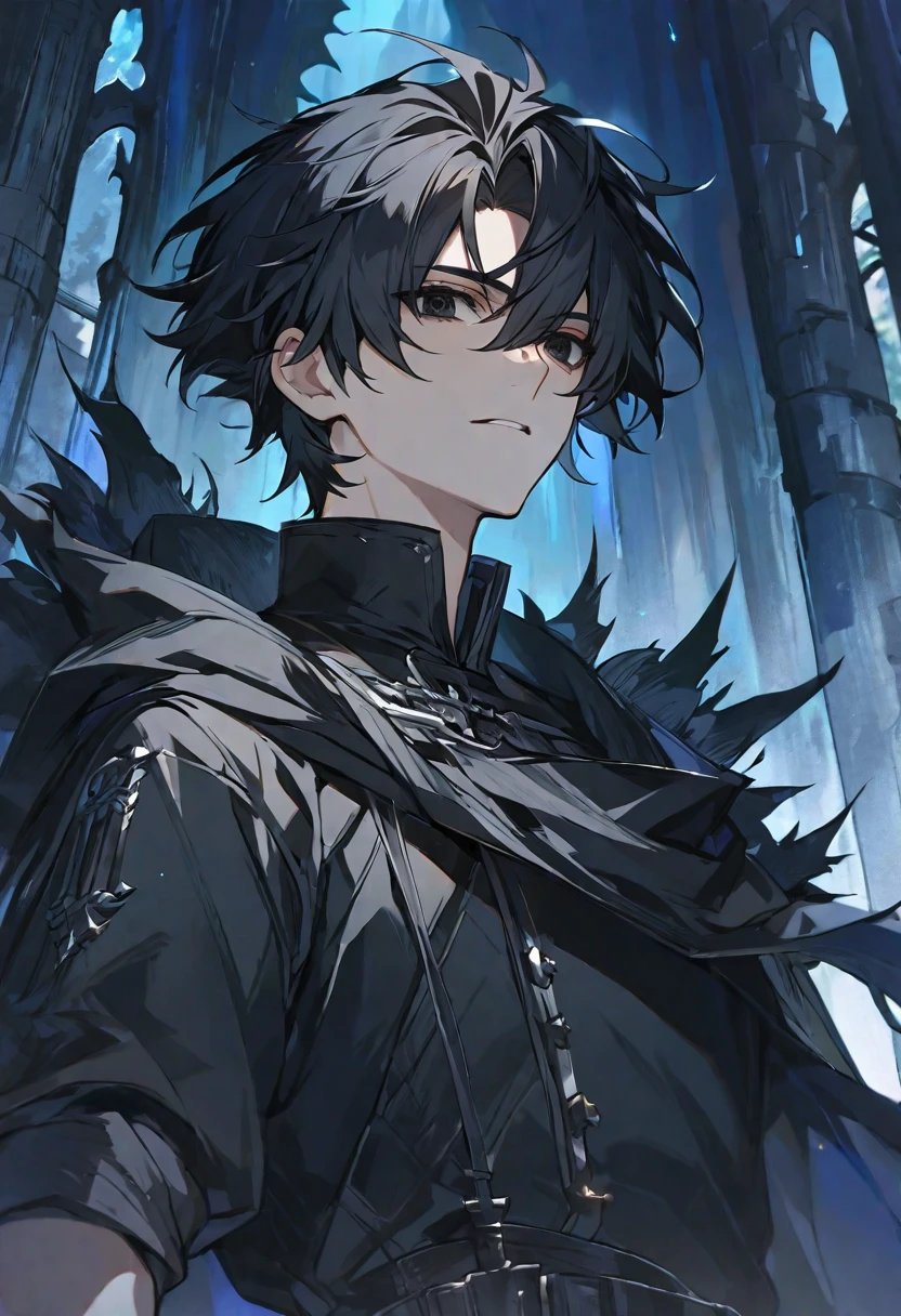 alone, good looking, 1 male, Upper Body、short hair, Black Hair, black eye, White shirt, Black jacket, Black Cape,, Dark Forest Castle