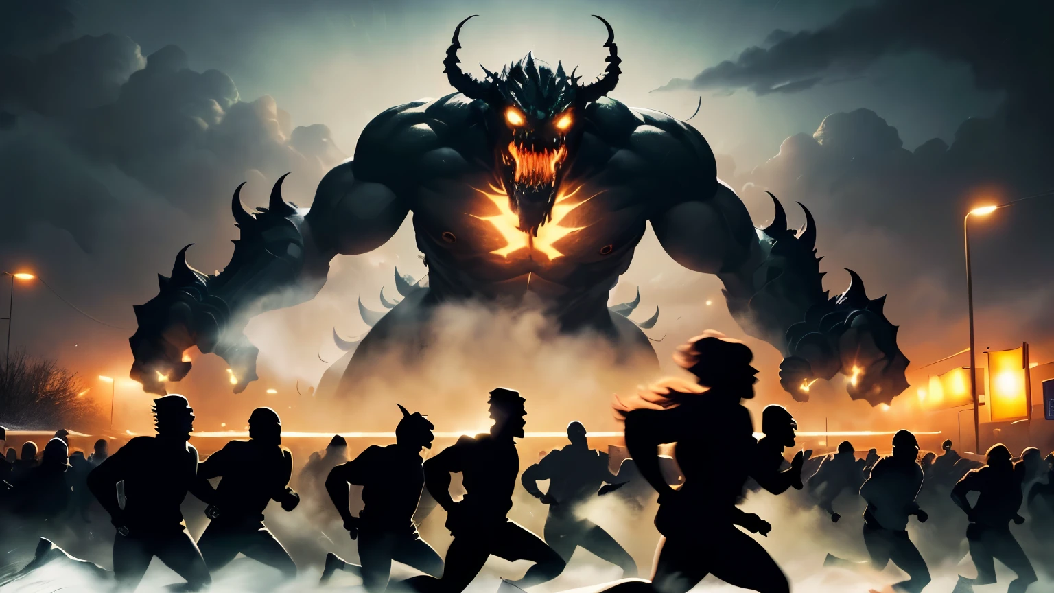 ((best quality)), ((masterpiece)), (detailed), A crowd of silhouette of people running in fear through a snowstorm at night while giant silhouette of monsters lurk in the background