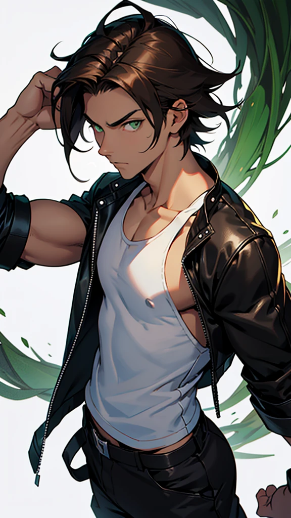 17 year old boy, 1.60 cm tall, dark green eyes, long dark brown hair, slim and muscular  , Tokyo Manji gang style and  long face, fighter  
Anime, dressed in a white tank top and long black trousers and a black leather jacket with Japanese symbols  