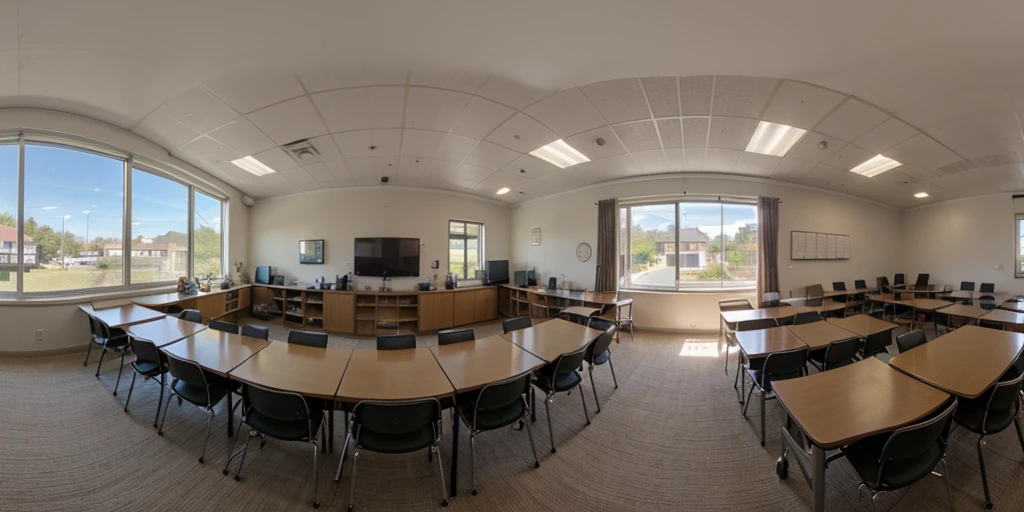 Equirectangular 360-degree panorama view photo with left and right ends seamlessly connected. classroom, midnight