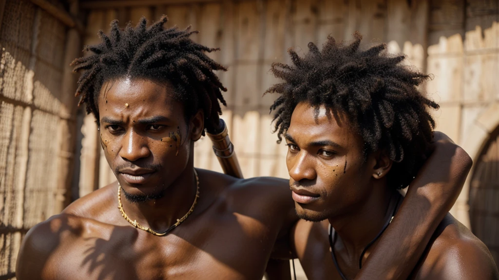 bust of black man with afro hair, some scars on the face, Expression of vengeance, holding a berimbau. emphasizing the berimbau