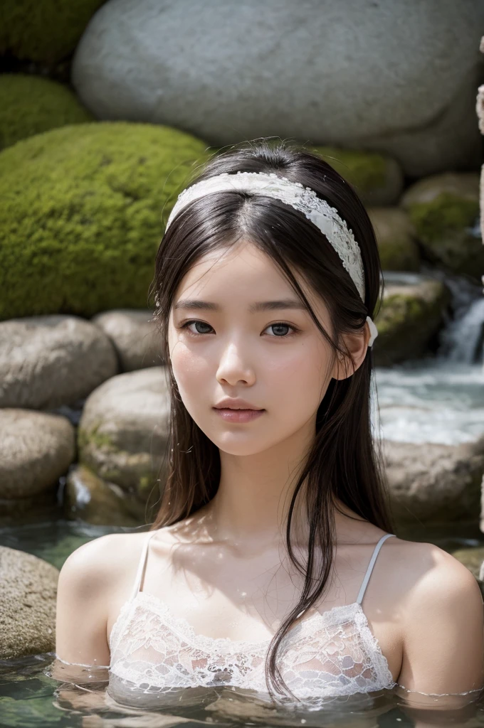 Highest quality, masterpiece, Ultra-high resolution, Supermodels bathing in Japanese hot springs, Outdoor hot spring, Stone hot spring, Moss and tree々Surrounded by, Super beautiful face, Pure Body, I can see my pores, (smile:0.8), Wearing split (lace headband:1.2), (realism:1.5), Original photo, Soaking wet, Sweaty, Bare shoulders, In the Dark, Deep Shadow, Low Key, Cold Light