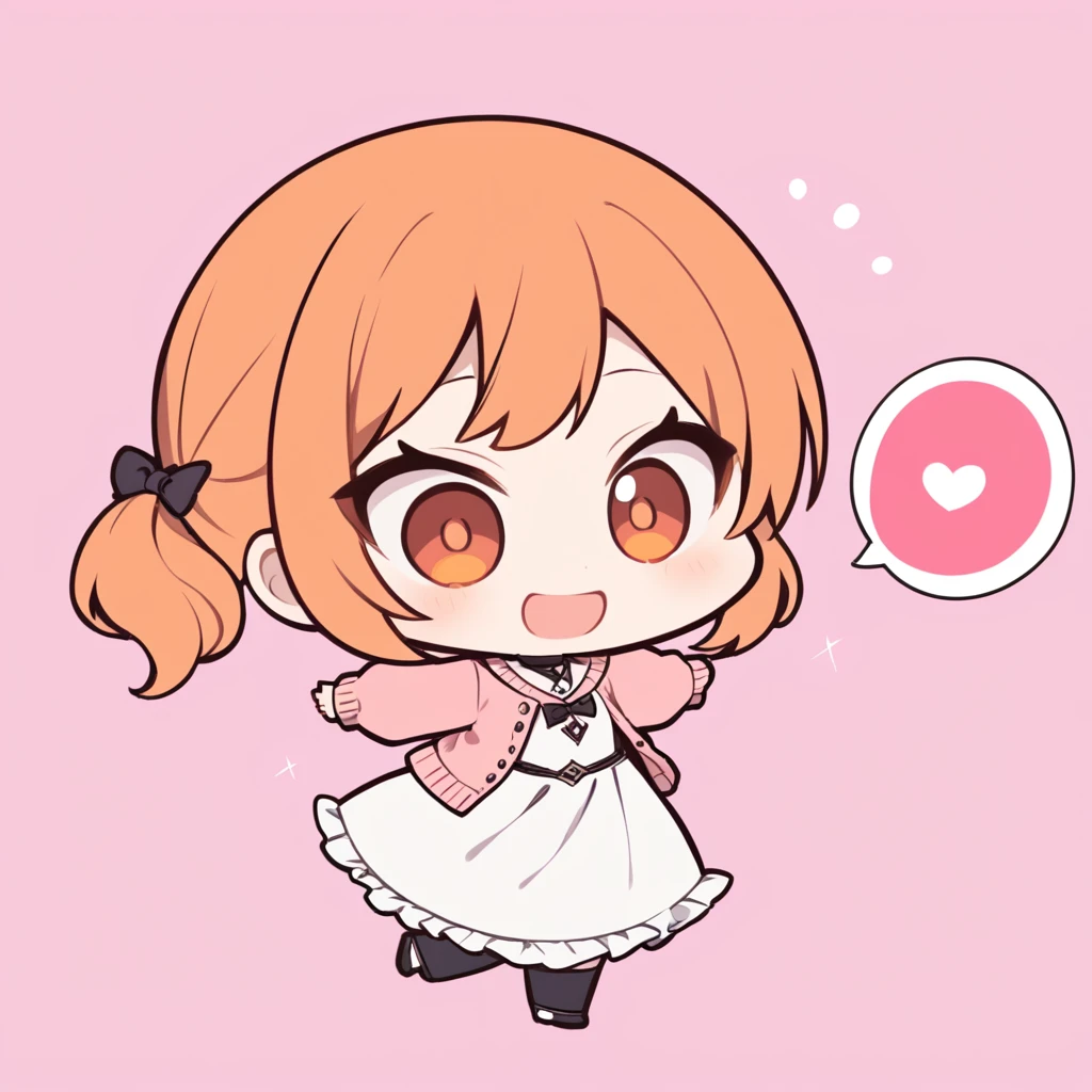 orange hair, orange eyes,girl,Pigtails with the ends tied up,laugh, chibi, little witch, 1 woman,halterneck,White dress,pink cardigan