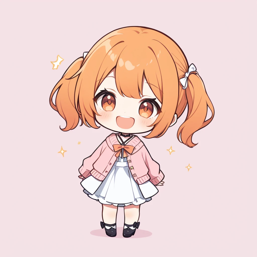 orange hair, orange eyes,girl,Pigtails with the ends tied up,laugh, chibi, little witch, 1 woman,halterneck,White dress,pink cardigan