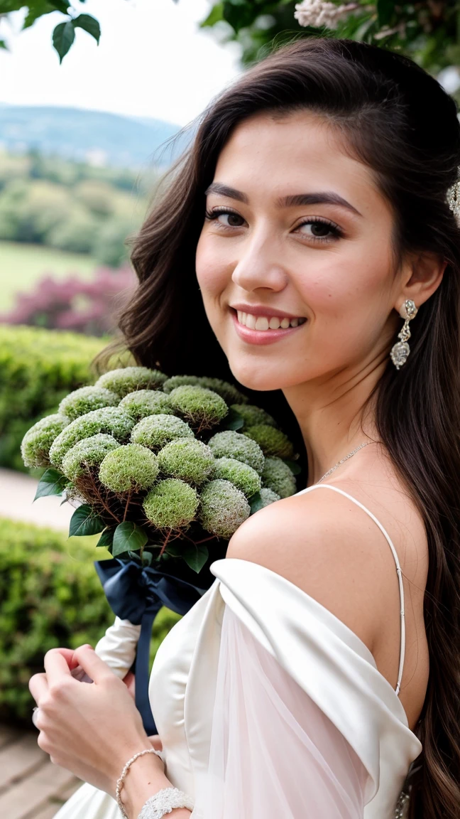 half body shot, wedding white dress princess, holding the wedding bouquet, lilac and white bouquet, A 23 year old brunette woman, skin brown, smile, ((large)), detailed face, perfect face, detailed eyes, perfect eyes, ((hyper realism)),. Hair with light brown roots. blond hair, Hair with brown roots, extra long hair, very long hair, really long hair, Nice, front view, Selfie, Photo taken with iPhone, elegant silheta princess wedding dress, Selfie in the garden, Good quality, Selfie iPhone , face ultra ultra super 8k hd