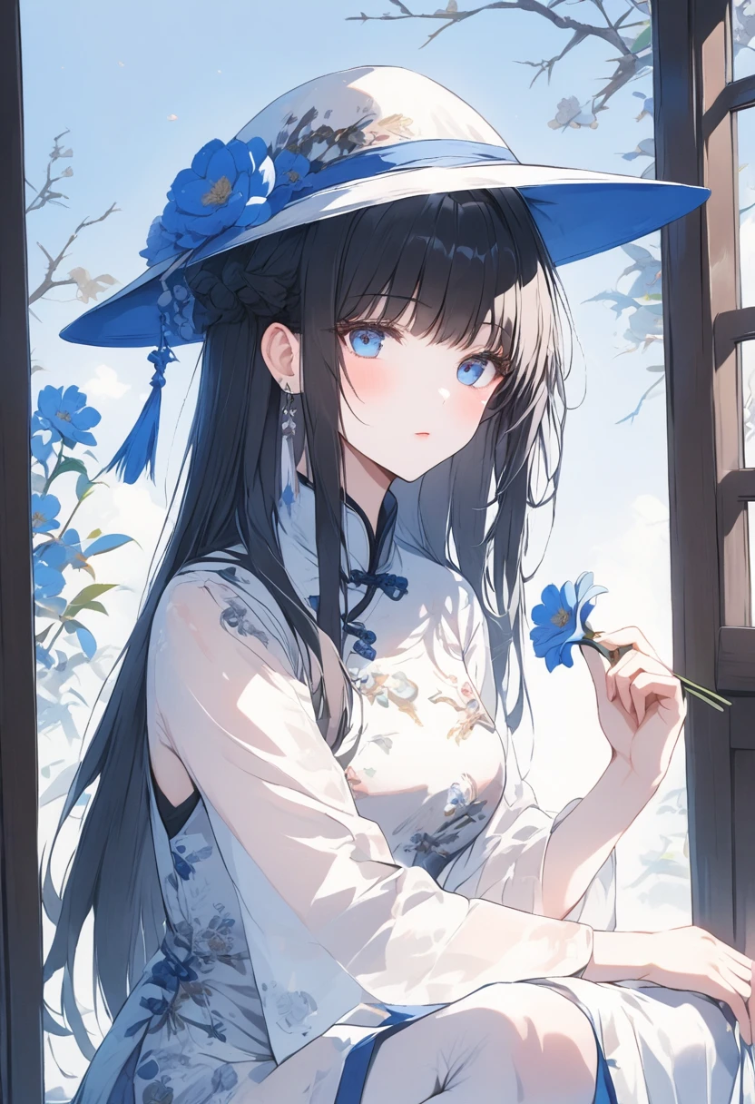 spring, chun ri nuan yang,Natural portrait,a woman with a red lipstick is squatting down, chun nuan hua kai,Japanese style portrait,a woman in a hat and dress holding a flower, chun ri lang man,Stereoscopic portraits,a woman sitting on a window sill in a white dress,