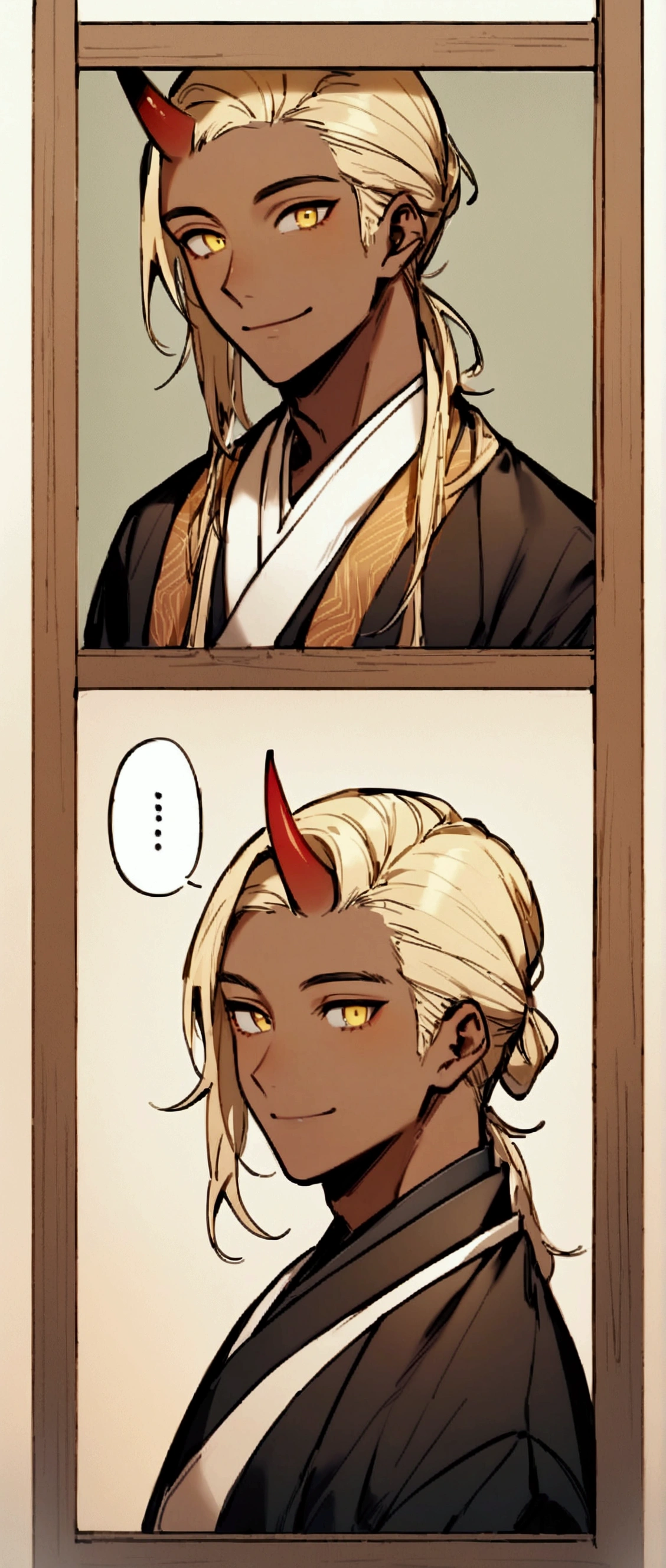 One Man,Beautiful young man with blond hair and dark skin, 20-year-old, Yellow Eyes, Long, silky hair,A single red horn grows from the right side of its head.......,In the corner３There are three sections...., Wearing traditional Korean clothing, smile