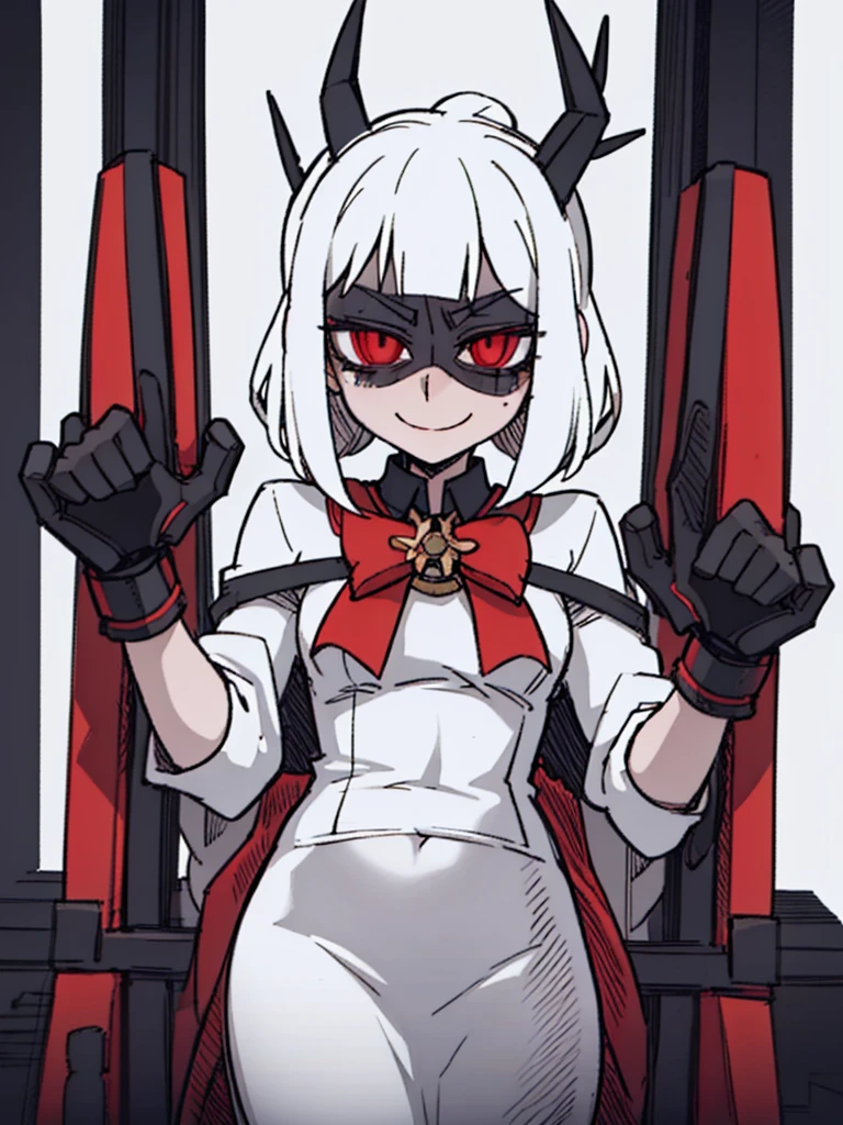 Angel Dust, 1boy, white hair, choker, bowtie, striped suit, white suit, red gloves, black shorts, thigh boots, black thighhighs, four arms, sharp teeth, pink freckles, chest tuft, pink eyes, (black sclera on right eye, heterochromia), smiling, anime style, perfect anatomy, cowboy shot