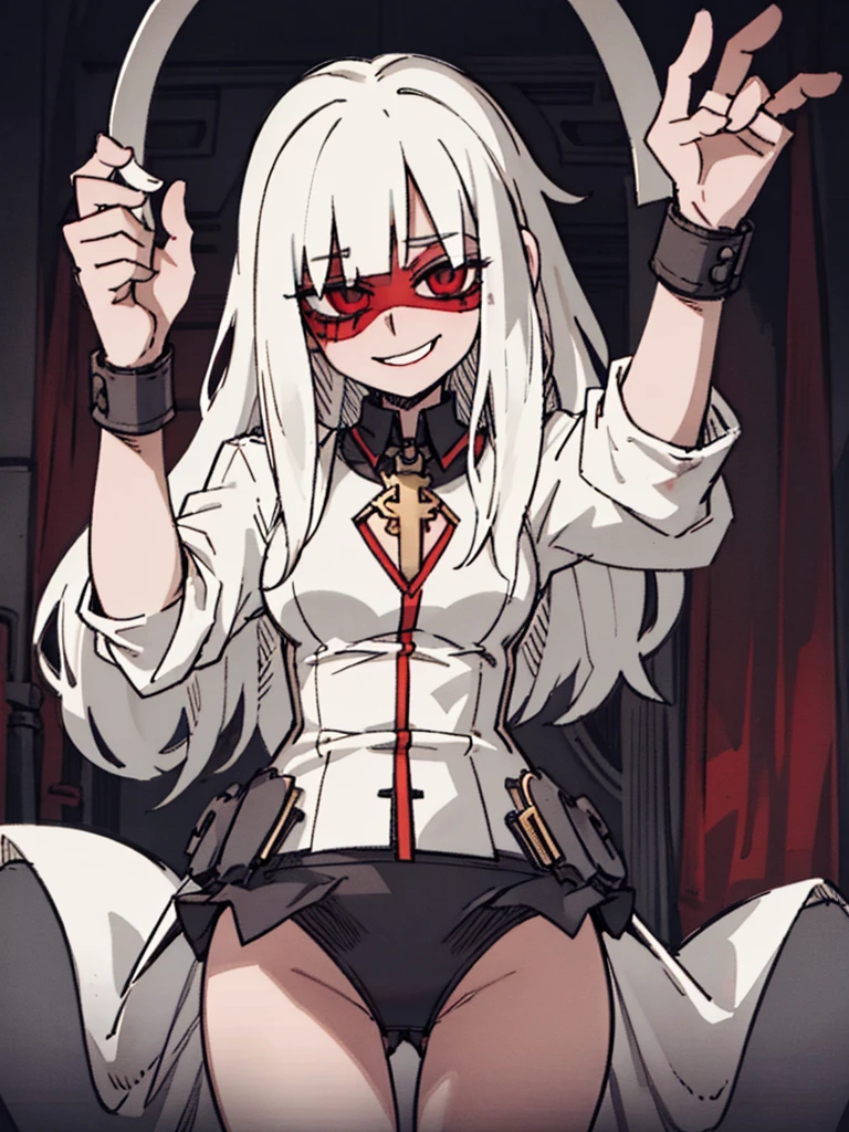 Score_9, score_8_up, score_7_up, score_6_up, gyaru, source_anime, 1girl, solo, macabre and sinister woman, long hair that covers the eyes, sinister and macabre smile, Eyes red, short white dress, chapeu.