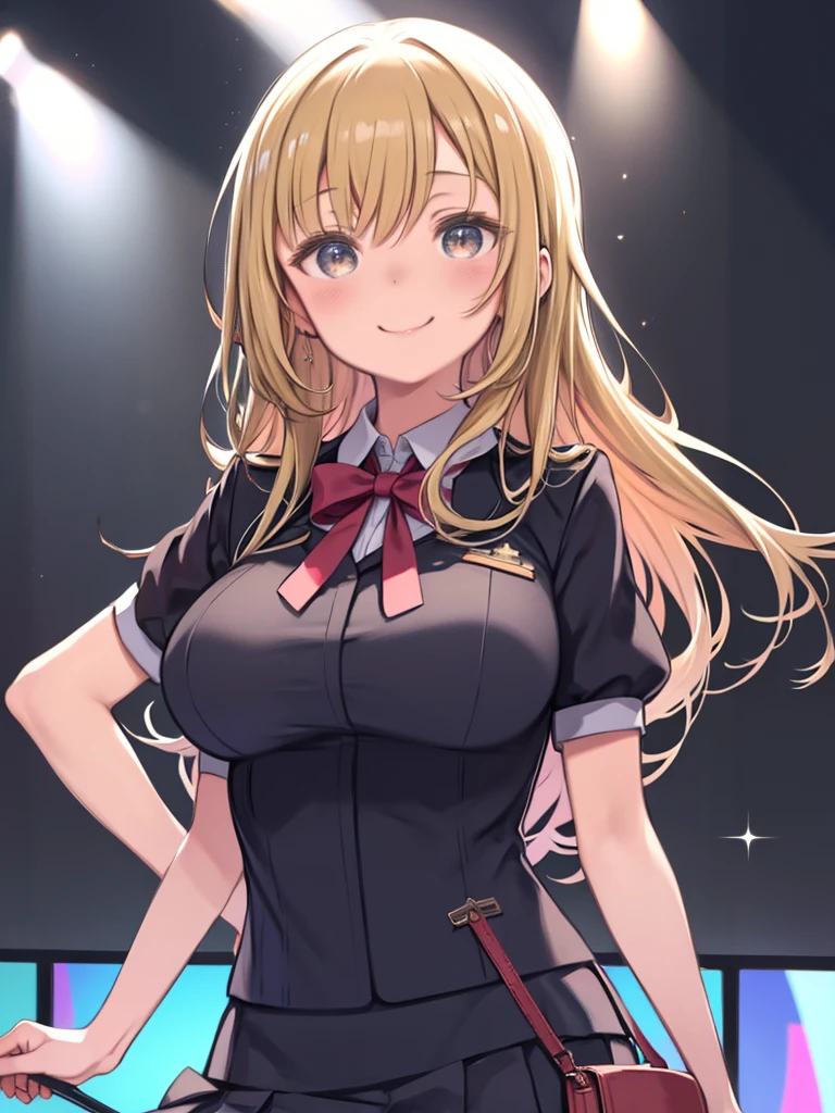 One Girl、misaki shokuhou 、tokiwadai、Blonde、long hair、Star-shaped eyes、Bouncy hair、Big Breasts、Huge breasts、uniform、ブレザーuniform、Handbags、Pleated skirt、ribbon、mini skirt、Holding a TV remote control、Smiling、Watching the audience、Leaning forward、Upper Body、