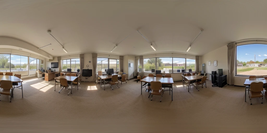 Equirectangular 360-degree panorama view photo with left and right ends seamlessly connected. midnight, classroom