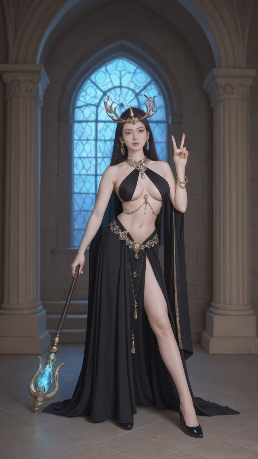 realistic,score_9, score_8_up, score_7_up,
solo,full body, witch woman,conservative attire,Very nice headgear, princess dress,jewelry,Visions of heaven and earth,Staff,exquisite magic,SideBoob,UnderBoob,Give a V victory sign,