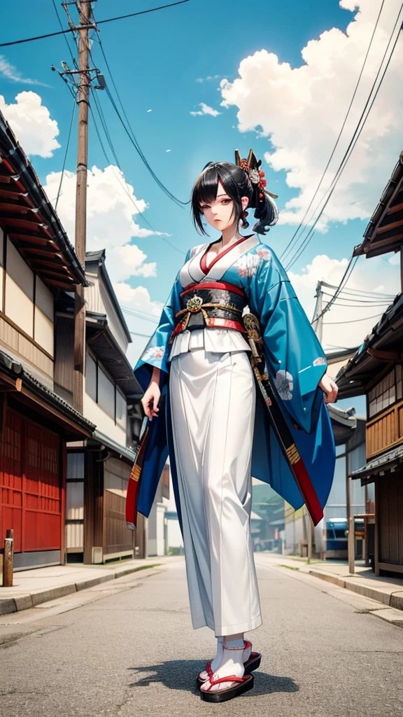 Black hair geisha hairstyle adult women，Cyan white cloud pattern kimono，Chest，cleavage，White socks，slippers，Japanese samurai sword，Standing，Japanese shogunate era streets