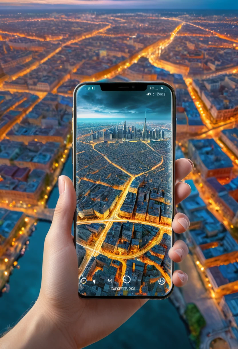 It's very realistic, with a smartphone in your hand and a map displayed on the smartphone screen, In the depths of the image are signs of a fantastic cityscape that has no sense of reality, outdoor